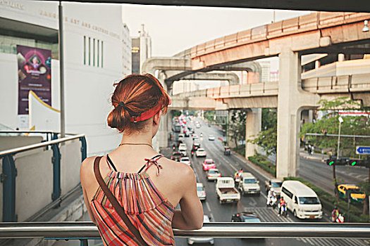 美女,看,交通,高架路,曼谷
