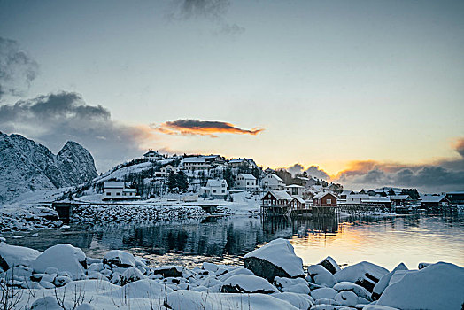 平和,积雪,水岸,渔村,瑞恩,罗浮敦群岛,挪威