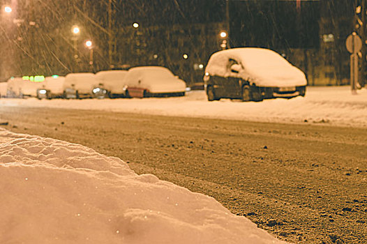 下雪,城市,大雪,路边,停放,夜晚