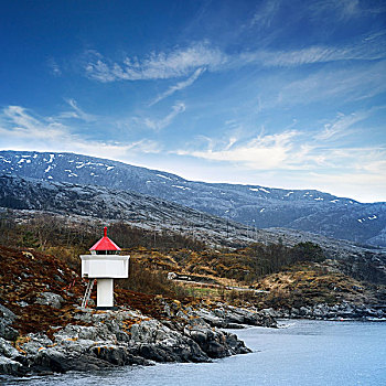 挪威,灯塔,白色,塔,红色,上面,站立,沿岸,石头,蓝天