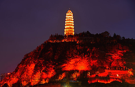 革命圣地,陕西延安宝塔夜景