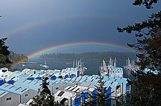 一对,彩虹,上方,独木舟,小湾,码头,加拿大