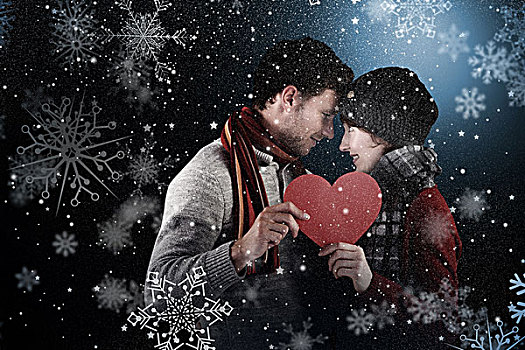 合成效果,图像,情侣,拿着,红色,心形,雪
