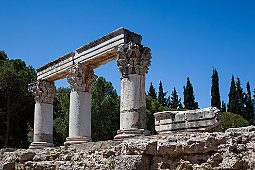希腊,伯罗奔尼撒半岛,科林斯地峡,古老,柱子,庙宇