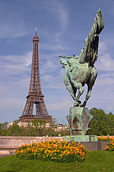 巴黎,雕塑,马,风景,后视图,公园,岛屿,赛纳河,河,花