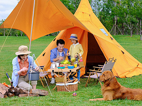 快乐的三口之家和宠物狗在户外露营做饭