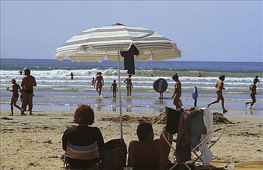海边,日光浴,玩,人,海浪,海洋,海滩,假日,布列塔尼半岛,法国,欧洲