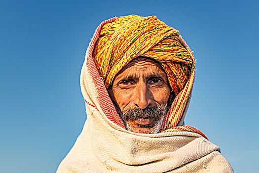 头像,老人,穿,缠头巾,普什卡,拉贾斯坦邦,印度,亚洲
