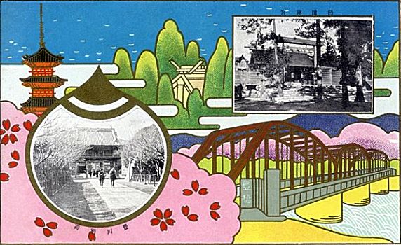 日本,旧式,京都,插画,桥,黑白照片
