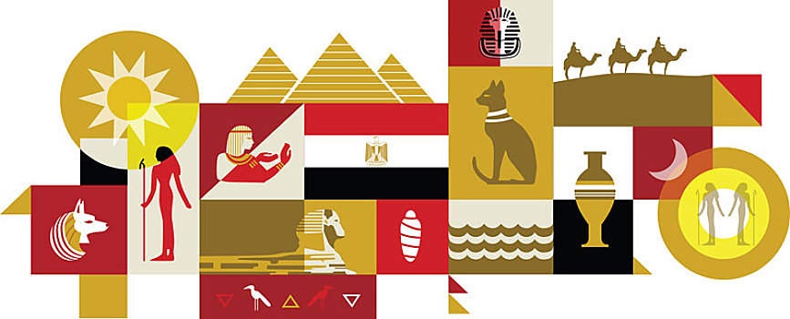 插画,抽象拼贴画,埃及,上方,白色背景