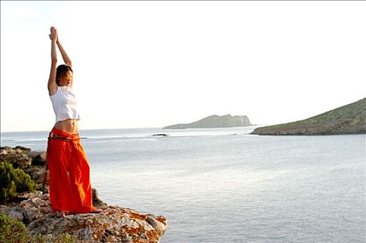 女人,岩石上,海边,瑜珈