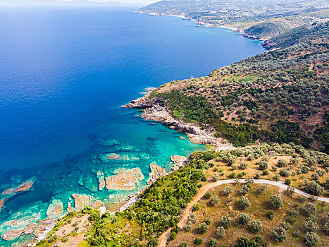航拍,海滩,岩石海岸,区域,希腊,半岛,海湾,欧洲