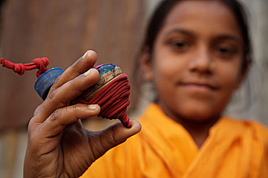 女孩,传统,上面,贫民窟,湖,区域,达卡,城市,孟加拉,二月,2007年,流行,简单,游戏,罐,孩子