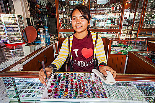 柬埔寨,收获,老,市场,宝石,饰品,摊贩