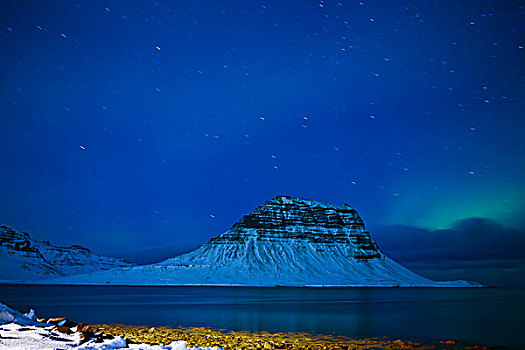 山,湾,冰岛,冬天,夜晚