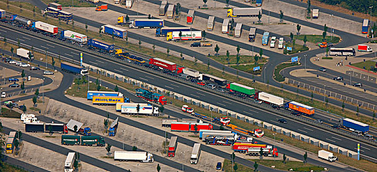 航拍,交通,堵塞,公路,卡车,停放,哈姆,区域,北莱茵威斯特伐利亚,德国,欧洲