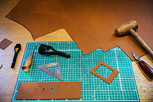 工作台,切,垫,大,平滑,块,褐色,皮革,工具,测量,缝缀