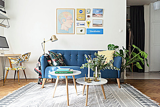 蓝色,复古,沙发,落地灯,边桌,客厅