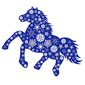 蓝色,马,剪影,许多,雪花