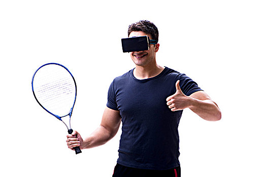 男人,玩,虚拟现实,眼镜,白色背景,背景