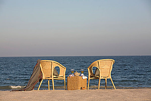 一对,藤椅,海滩,完美,斑点
