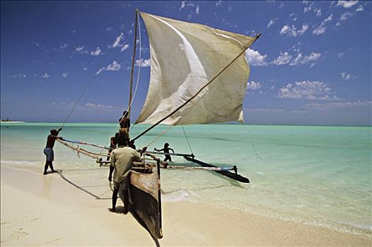 非洲,马达加斯加,捕鱼者,靠近,船,海滩