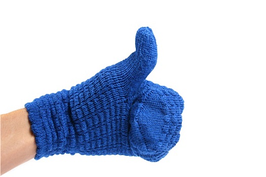 手,蓝色,连指手套,竖大拇指