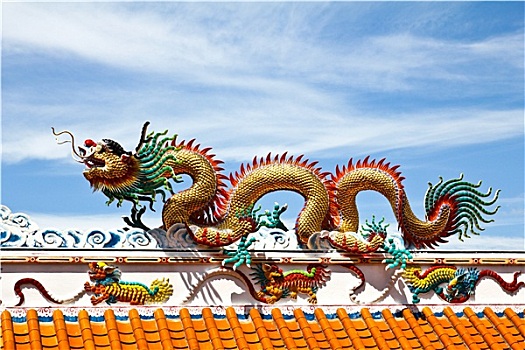彩色,龙,雕塑,中国,庙宇,屋顶