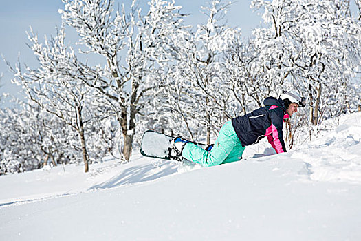 女人,滑雪板,躺着,雪