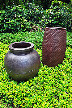 两个,古老,花瓶,围绕,绿色,植物
