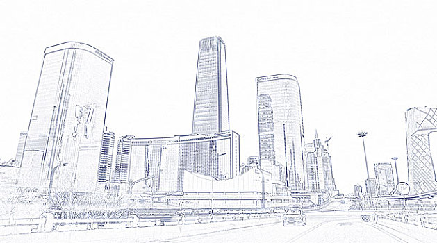 中国国际贸易中心建筑群铅笔画特效
