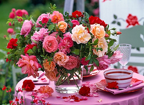 花束,不同,粉色,玫瑰,玻璃花瓶,器具