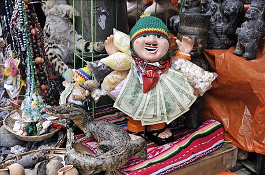 木偶,一个,男人,钱,钞票,幸运物,货摊,玻利维亚,南美