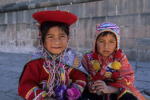 秘鲁,库斯科市,孩子,传统服装,盖丘亚族