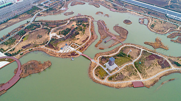 废地变湿地,河南兴起网红景点,千亩湖,漯河市临颍县黄龙湿地航拍图
