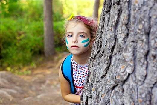 孩子,小女孩,玩,树林,树,化妆