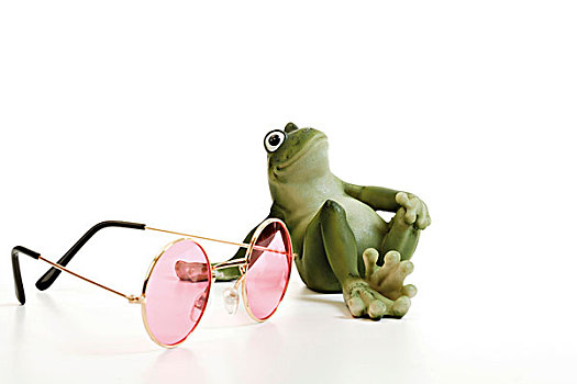 绿色,青蛙,坐,旁侧,一对,粉色,墨镜