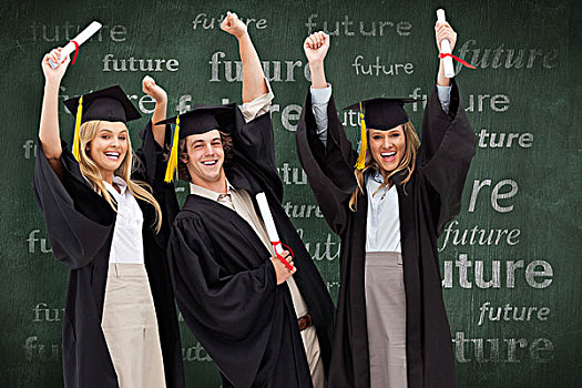 合成效果,图像,三个,学生,毕业,长袍,抬起,手臂,绿色,黑板