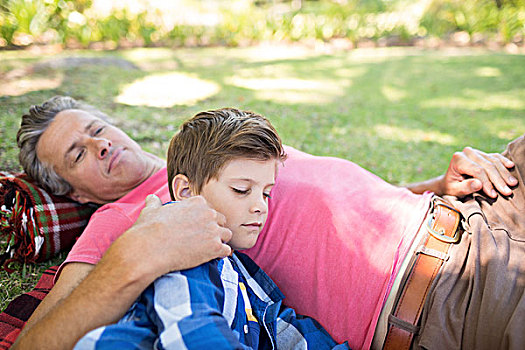 父子,睡觉,野餐毯,公园,晴天