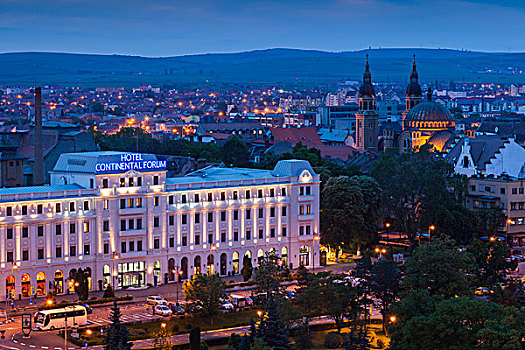 罗马尼亚,特兰西瓦尼亚,俯视图,酒店,黃昏