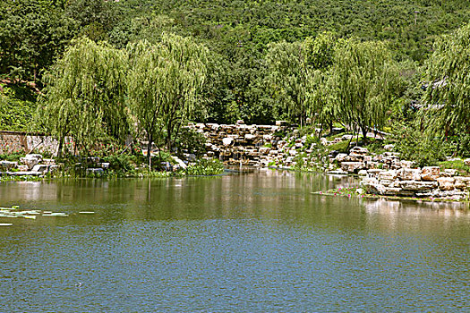 中国古典林园湖泊和瀑布