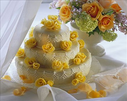 层次,婚礼蛋糕,装饰,杏仁糖玫瑰花
