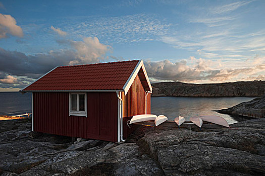 船,小屋,日出,瑞典