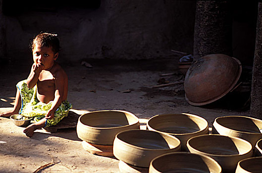 孩子,食物,旁侧,孟加拉