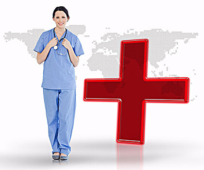 医护人员,站立,数码,红十字,世界地图,背景