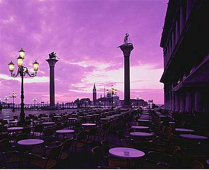 桌子,椅子,圣马可广场,黄昏,威尼斯,意大利