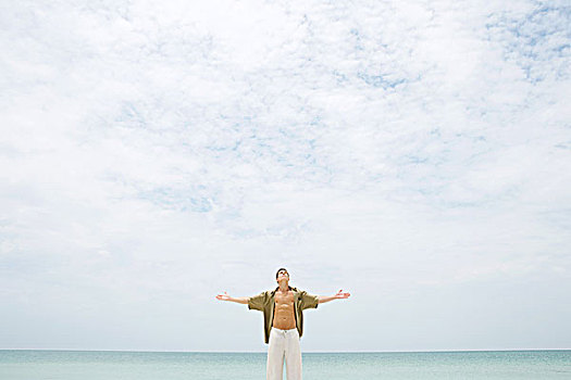站立,男人,正面,海洋,头部,背影,衬衫,伸出胳膊