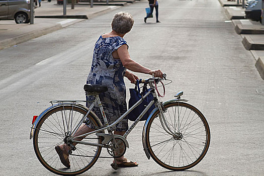 老年,女人,推,自行车