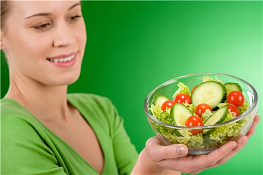 健康生活,女人,拿着,蔬菜沙拉