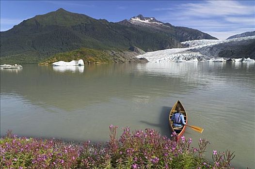 独木舟浆手,湖,夏天,冰河,背景